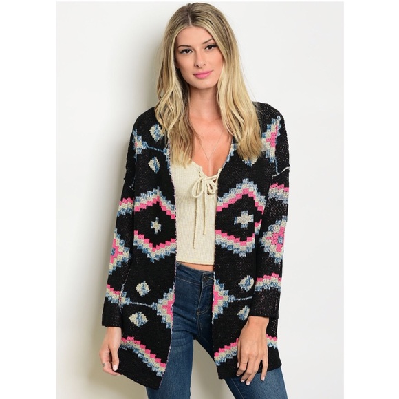 Tribal Aztec Print Boho Open Cardigan Sweater NWT - Picture 3 of 6